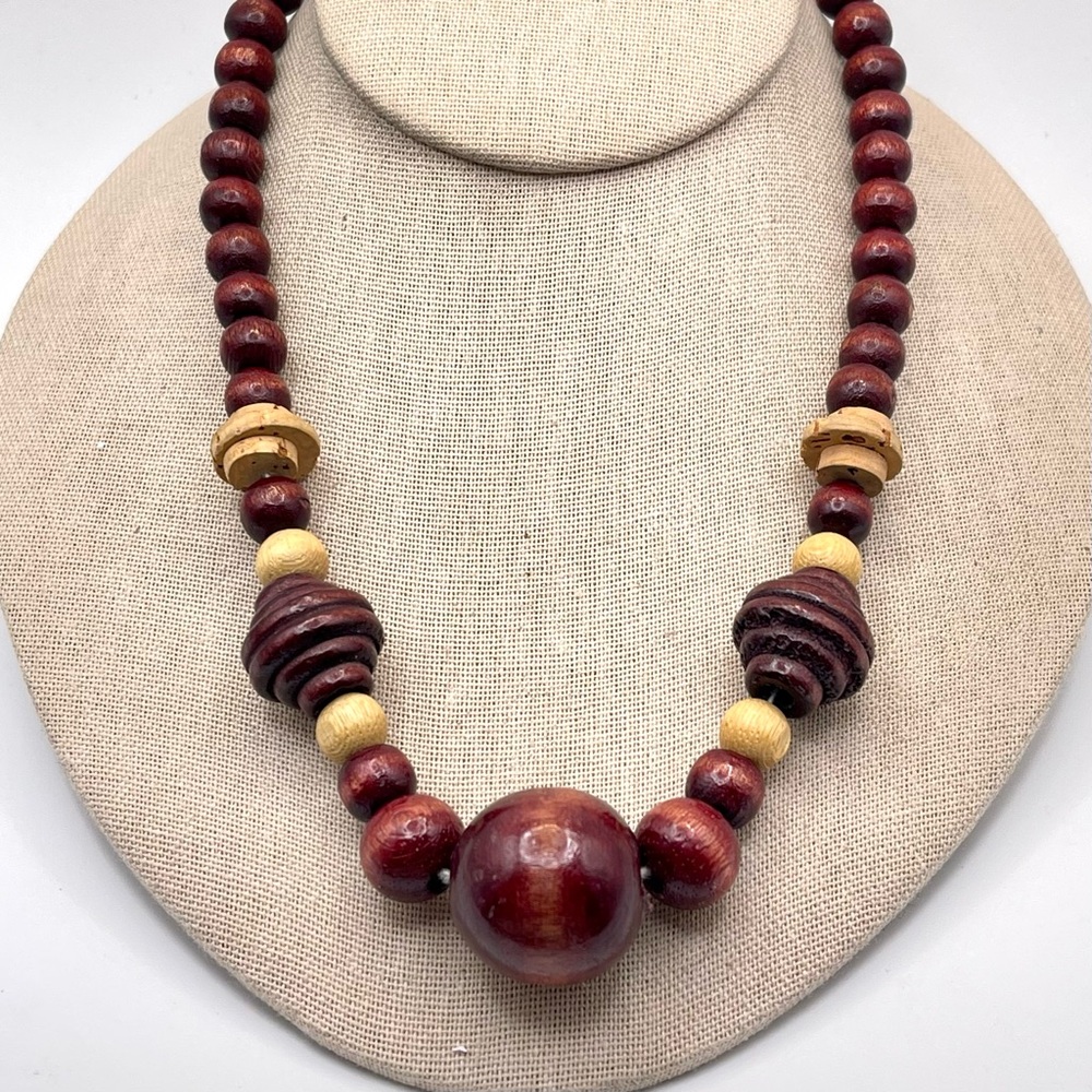 Vintage Boho Chunky Wooden Bead Statement Necklace Multi Shape